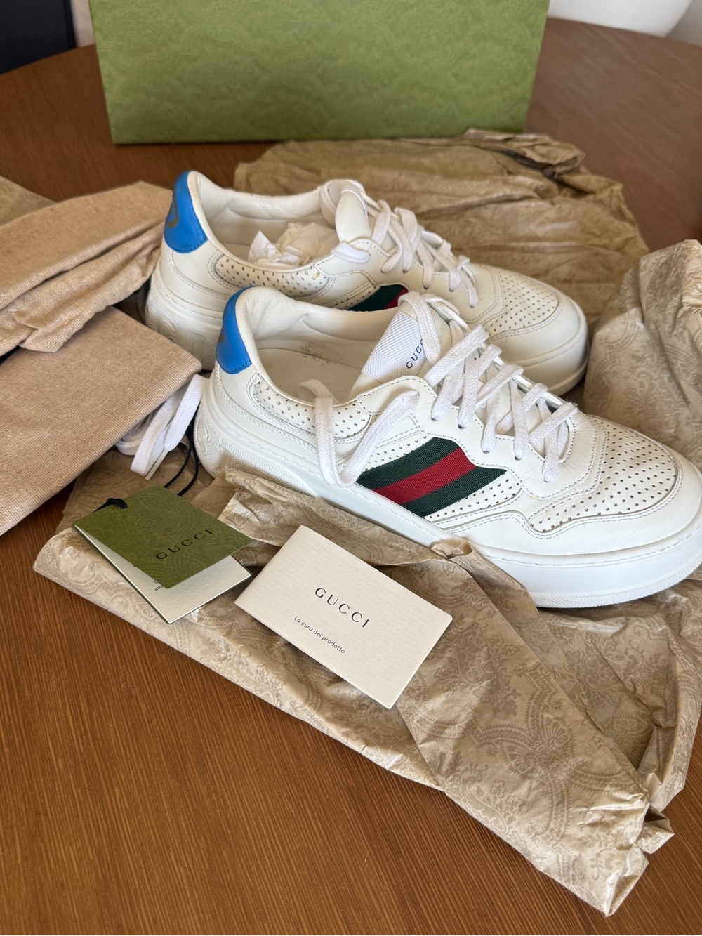 Gucci White Leather Sneakers with Green-Red Web and Blue Heel Tab